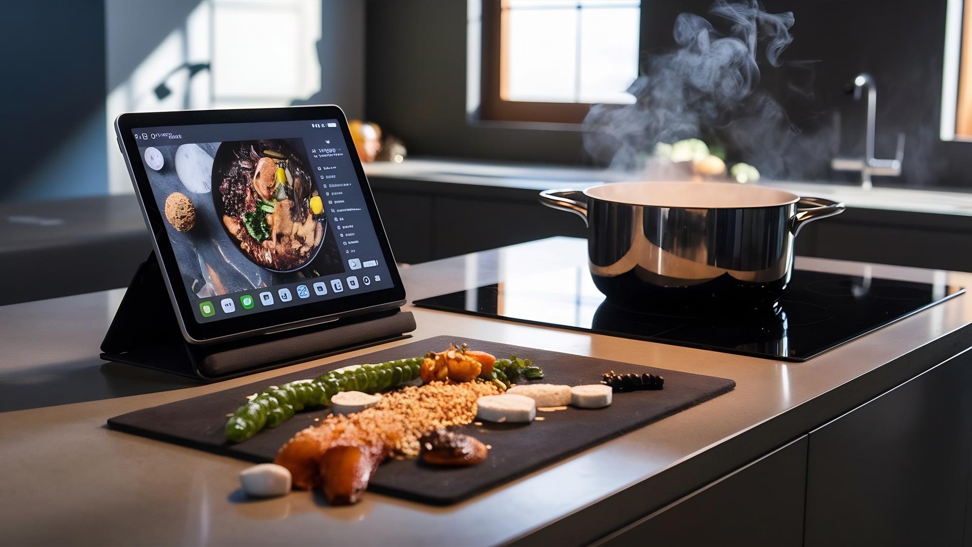 studio kitchen workstation with plated dishes and tech displays