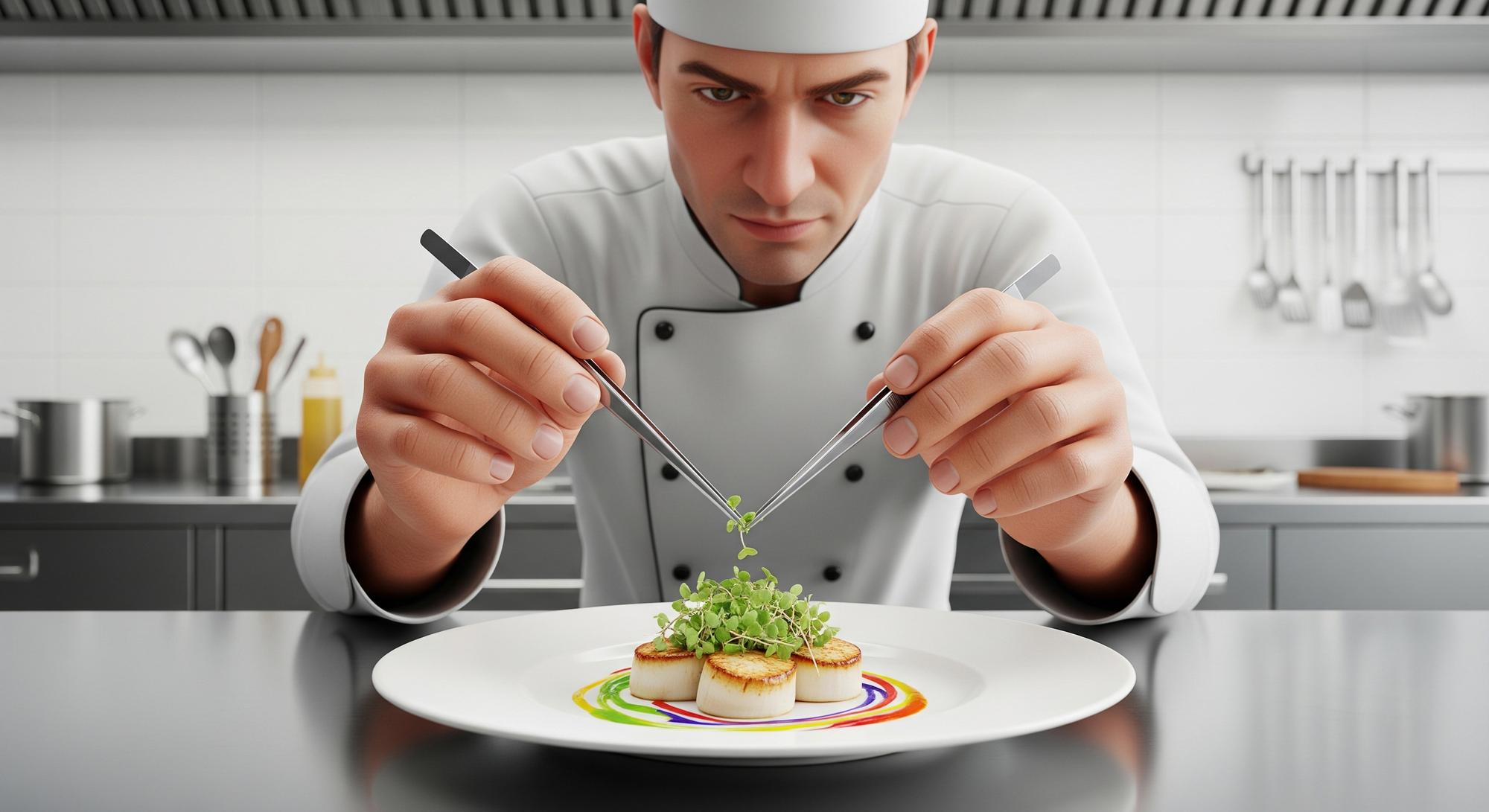 chef plating modern dish in futuristic kitchen